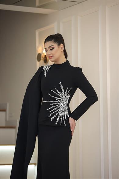 Güneş Abiye Taş İşlemeli Siyah