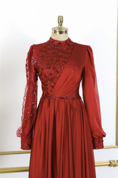 Irmak Tesettür Abiye Bordo 