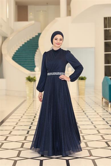 Kemeri Taşlı Dila Abiye Lacivert