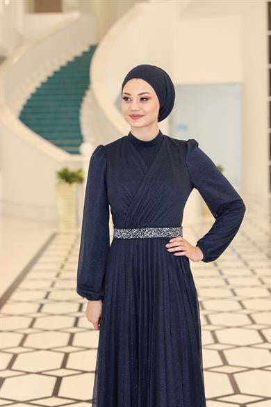 Kemeri Taşlı Dila Abiye Lacivert