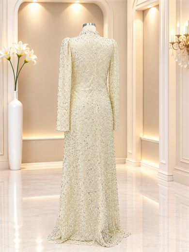Nilüfer Payetli Abiye Bej Tesettür Abiye