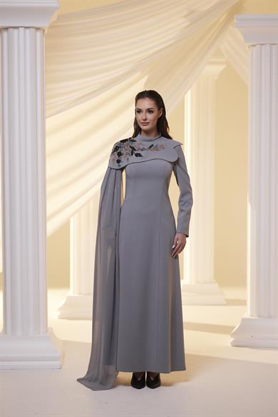 Pelerinli Çiçek İşlemeli Abiye antrasit