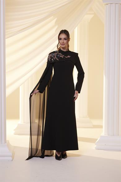 Pelerinli Çiçek İşlemeli Abiye Siyah