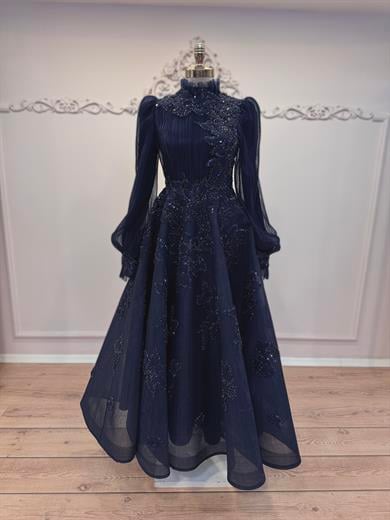 Piliseli Midi Boy Abiye Lacivert