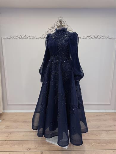 Piliseli Midi Boy Abiye Lacivert