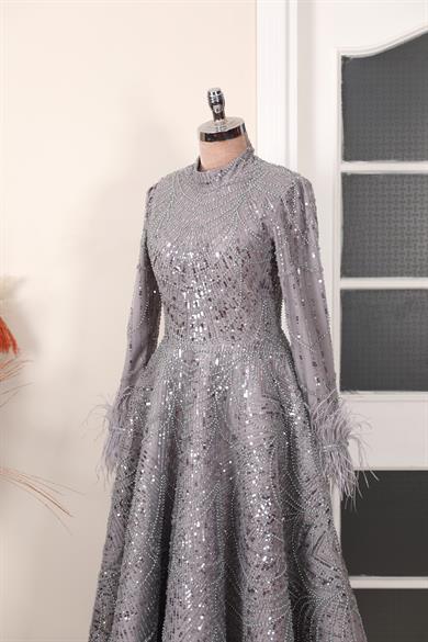 Rozalin Tesettür Abiye Gri