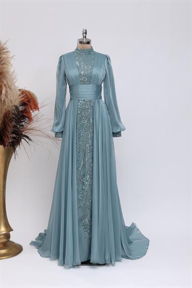 Sarmaşık Şifon Tesettür Abiye Mint