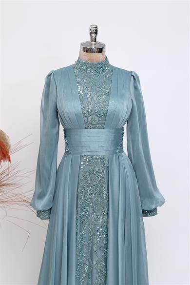 Sarmaşık Şifon Tesettür Abiye Mint