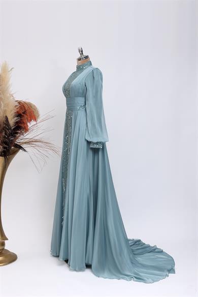 Sarmaşık Şifon Tesettür Abiye Mint