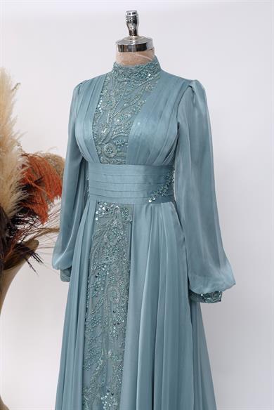 Sarmaşık Şifon Tesettür Abiye Mint