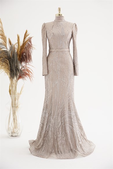 Simli Balık Tesettür Abiye Gold