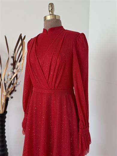 Simli Kırmızı Tesettür Abiye 