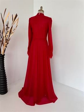 Simli Kırmızı Tesettür Abiye 