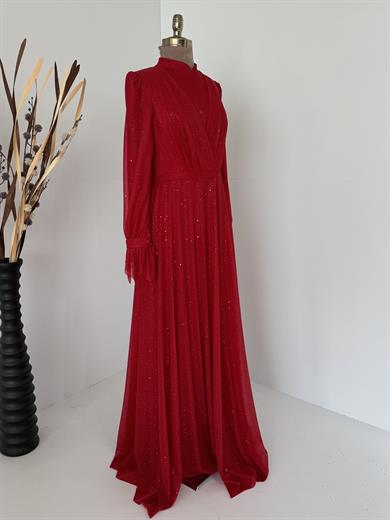 Simli Kırmızı Tesettür Abiye 