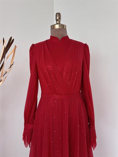 Simli Kırmızı Tesettür Abiye 