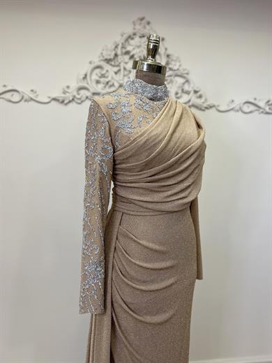 Taşlı Drapeli Tesettür Abiye Vizon