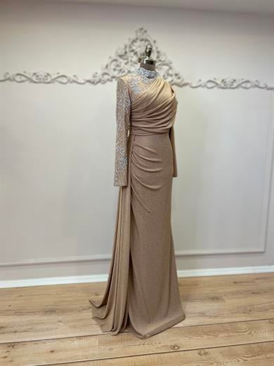 Taşlı Drapeli Tesettür Abiye Vizon