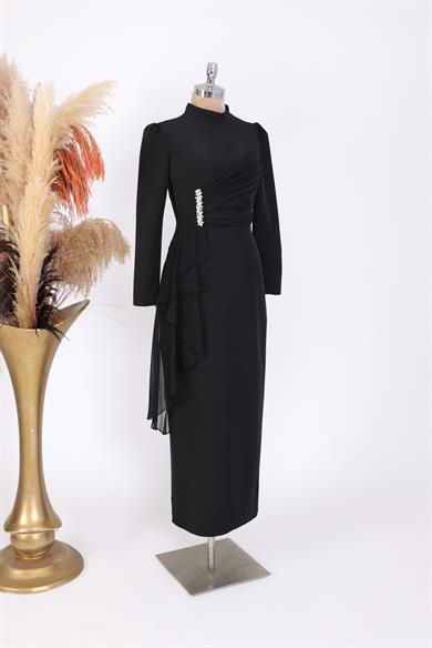 Taşlı Krep Tesettür Abiye Siyah