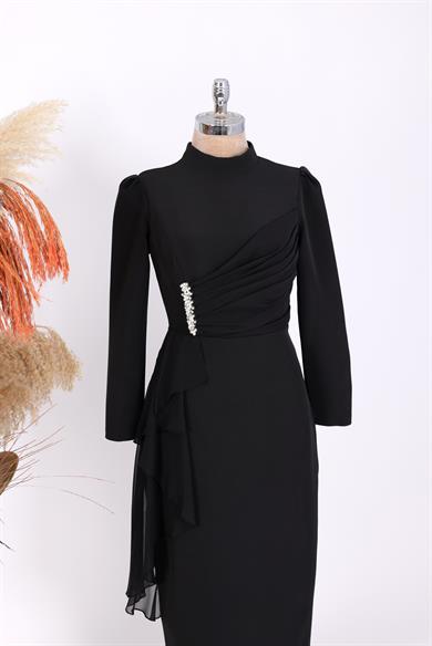 Taşlı Krep Tesettür Abiye Siyah