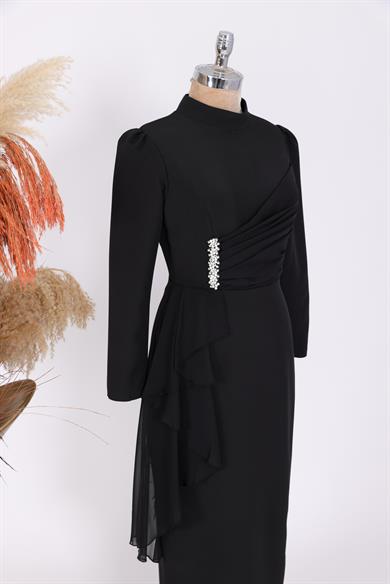 Taşlı Krep Tesettür Abiye Siyah