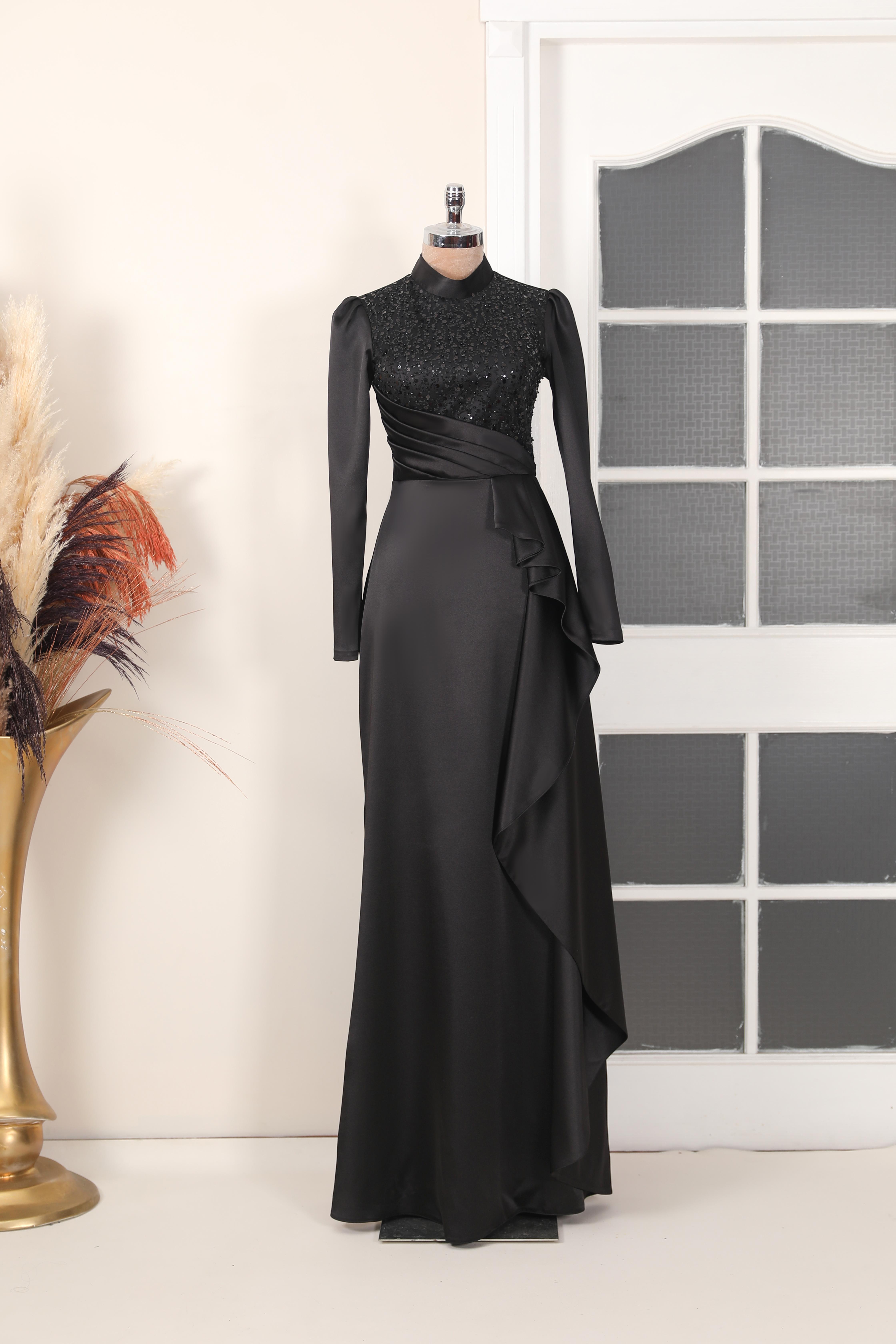 Beaded Satin Hijab Evening Dresses Black