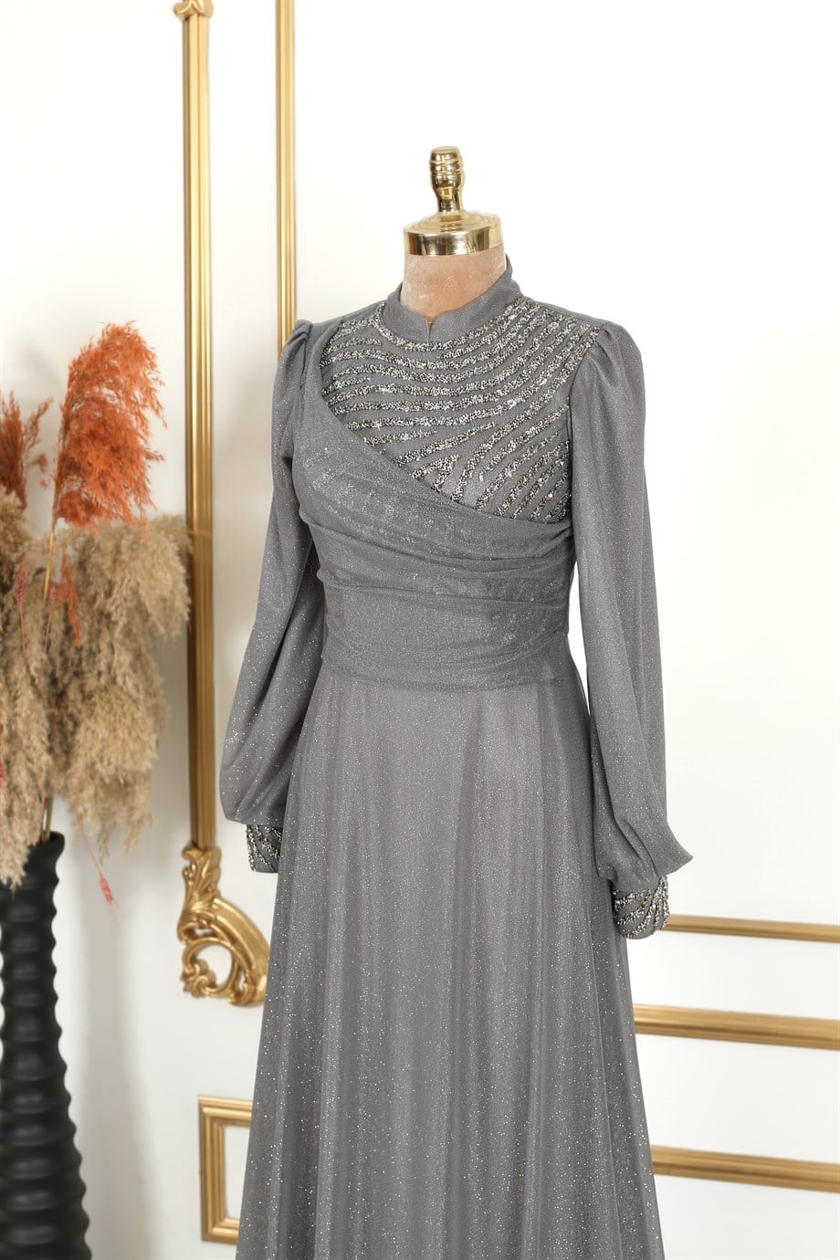 Degaje Simli Tesettür Abiye Antrasit