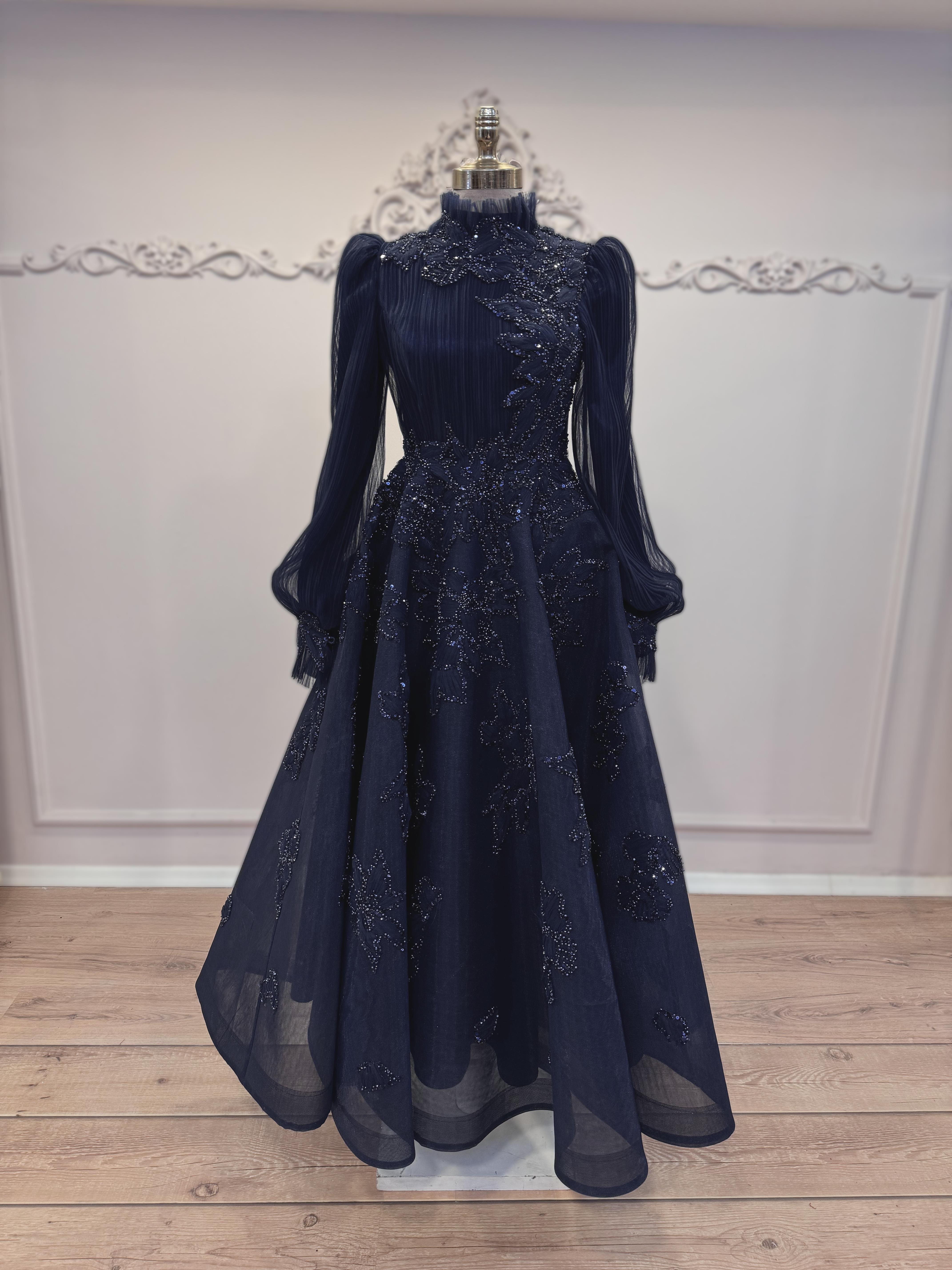 Piliseli Midi Boy Abiye Lacivert