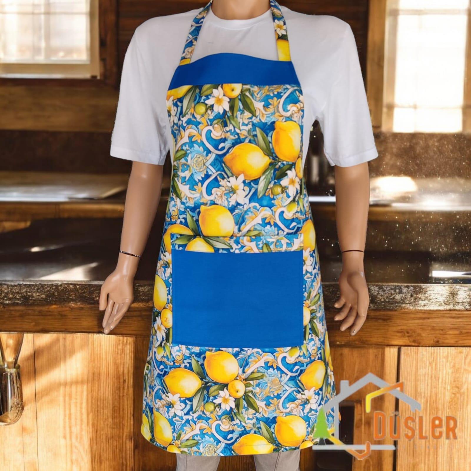 3D Boyutlu Limon Desenli Ayarlanabilir Duck Kumaş Su ve Leke İtici Özelliği Bulunan Cepli Şef Mutfak Önlüğü