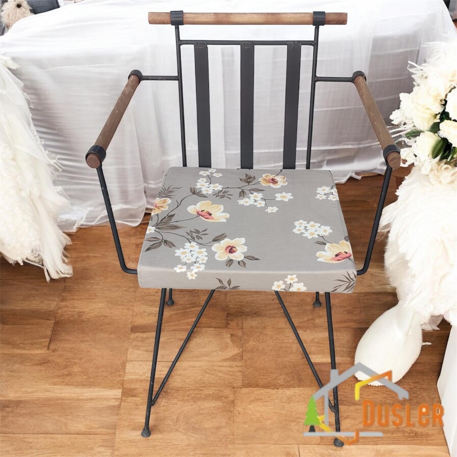 40x40 Çiçek Desenli Açık Kahverengi Saten Fermuarlı Bağcıklı Sandalye Minderi 5 cm