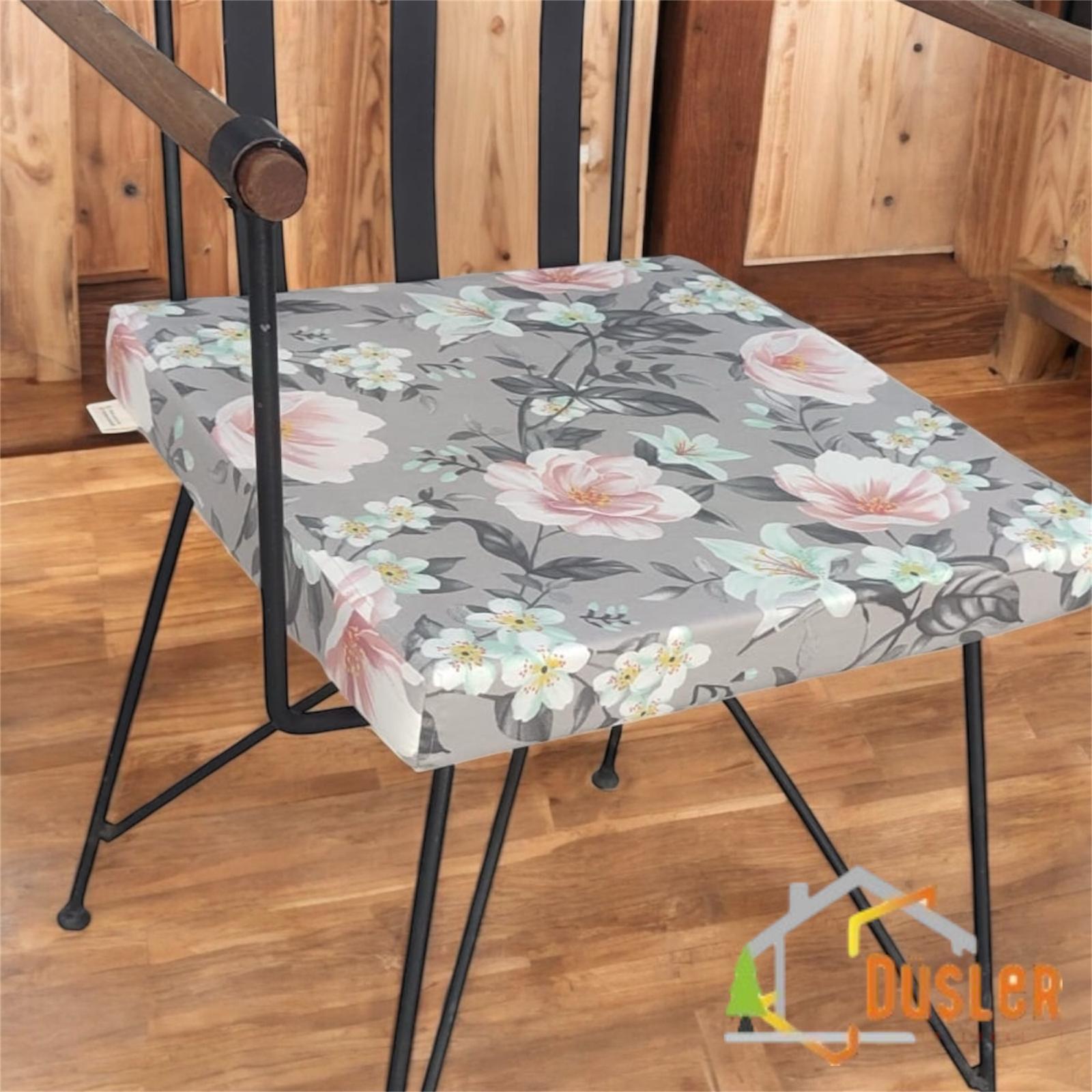 40x40 Çiçek Desenli Antrasit Gri Saten Fermuarlı Bağcıklı Sandalye Minderi 5 cm