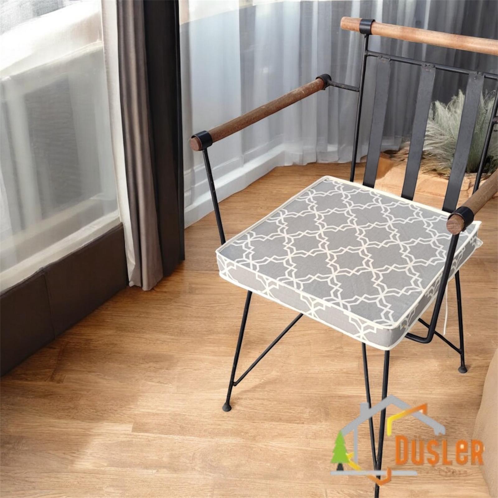 40x40 Gri Desen Su ve Leke İtici Fermuarlı Bağcıklı Beyaz Biyeli Sandalye Minderi 5 cm
