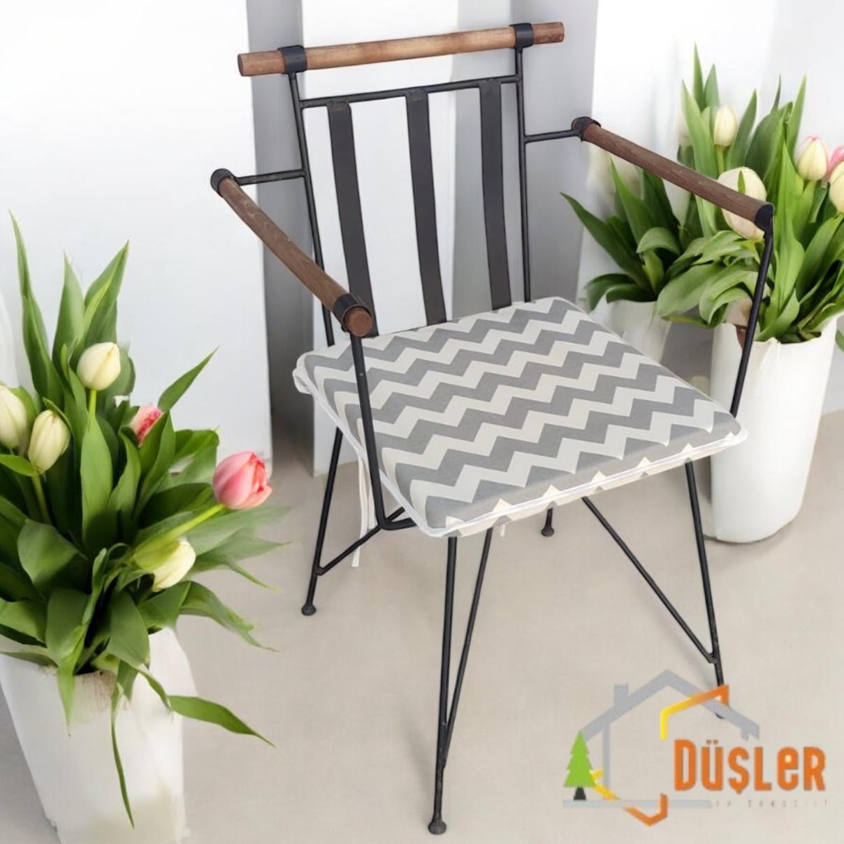 40x40 Krem Gri Zikzak Desenli Su ve Leke İtici Fermuarlı Bağcıklı Krem Biyeli Sandalye Minderi 4 cm