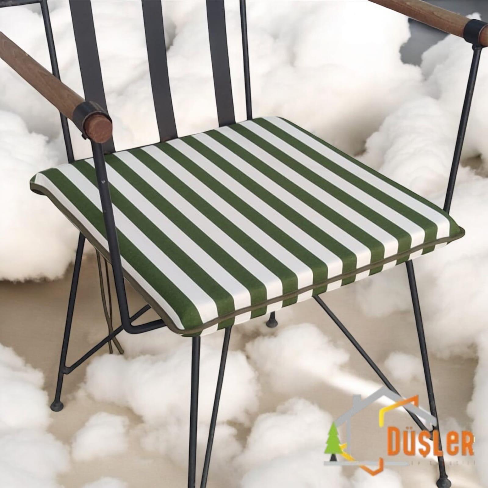 40x40 Yeşil Beyaz Çizgili Su ve Leke İtici Fermuarlı Bağcıklı Yeşil Biyeli Sandalye Minderi 4 cm
