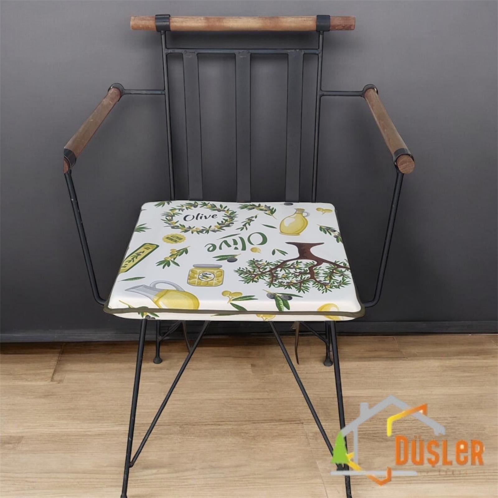 40x40 Zeytin Ağacı Desenli Su ve Leke İtici Fermuarlı Bağcıklı Yeşil Biyeli Sandalye Minderi 4 cm