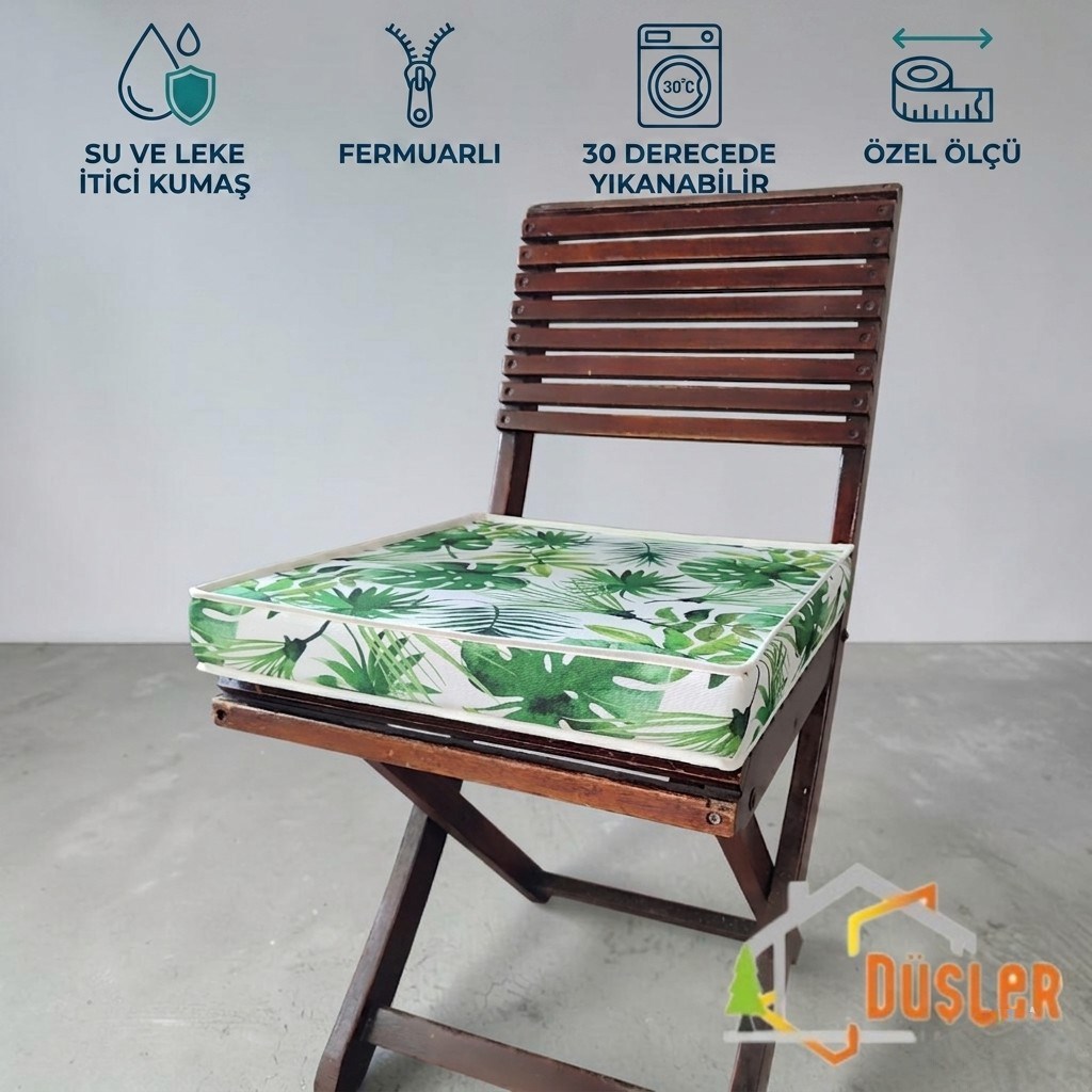 Düşler Ev Tekstili 40x40 Tropikal Palmiye Yeşil Yaprak Monstera Desenli Su ve Leke İtici Duck Kumaş Fermuarlı Bağcıklı Biyeli Sandalye Minderi 5 cm 