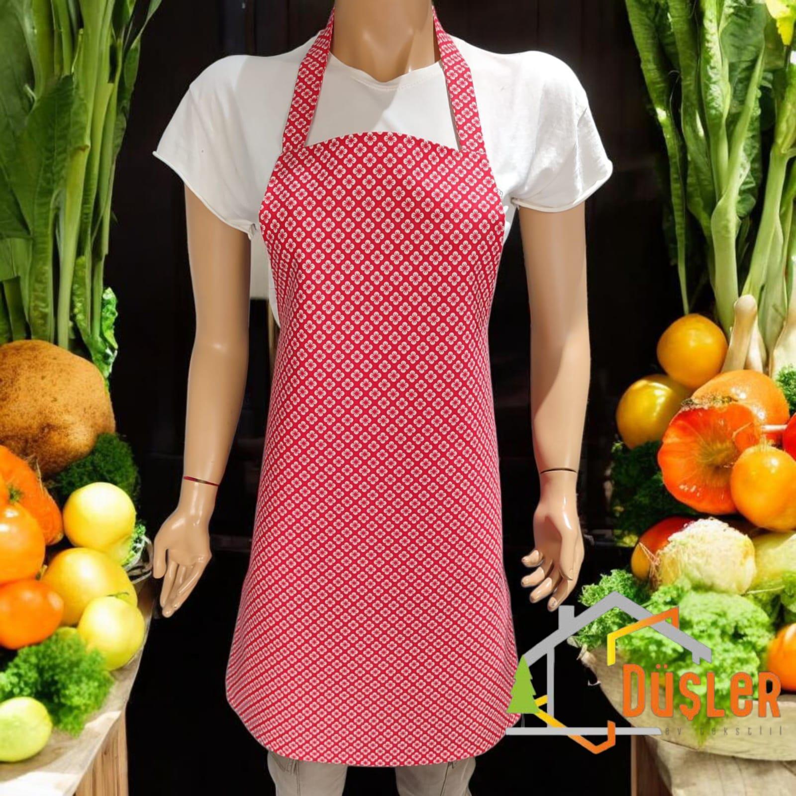 Kırmızı Papatya Desenli Ayarlanabilir Su ve Leke İtici Özelliği Bulunan Şef Mutfak Önlüğü 