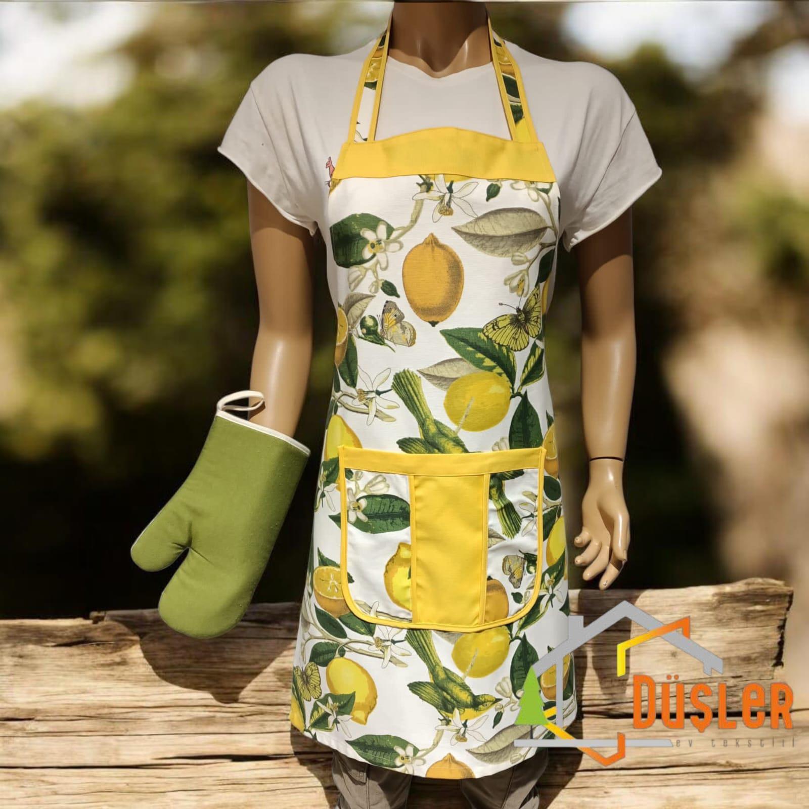 Limon Desenli Ayarlanabilir Su ve Leke İtici Özelliği Bulunan Cepli Şef Mutfak Önlüğü ve Fırın Eldiveni Seti 