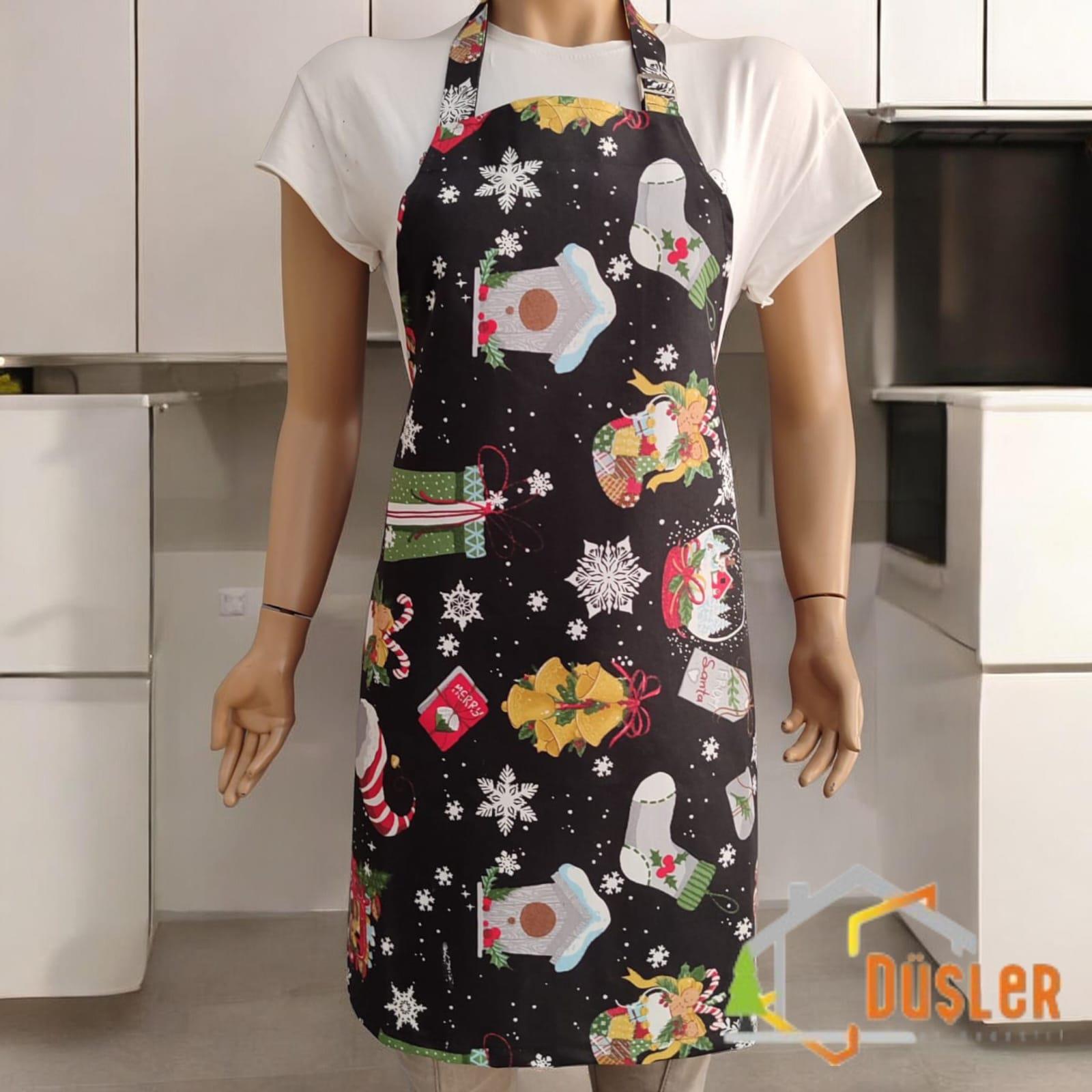 Siyah Yeniyıl Yılbaşı Desenli Ayarlanabilir Su ve Leke İtici Özelliği Bulunan Şef Mutfak Önlüğü 