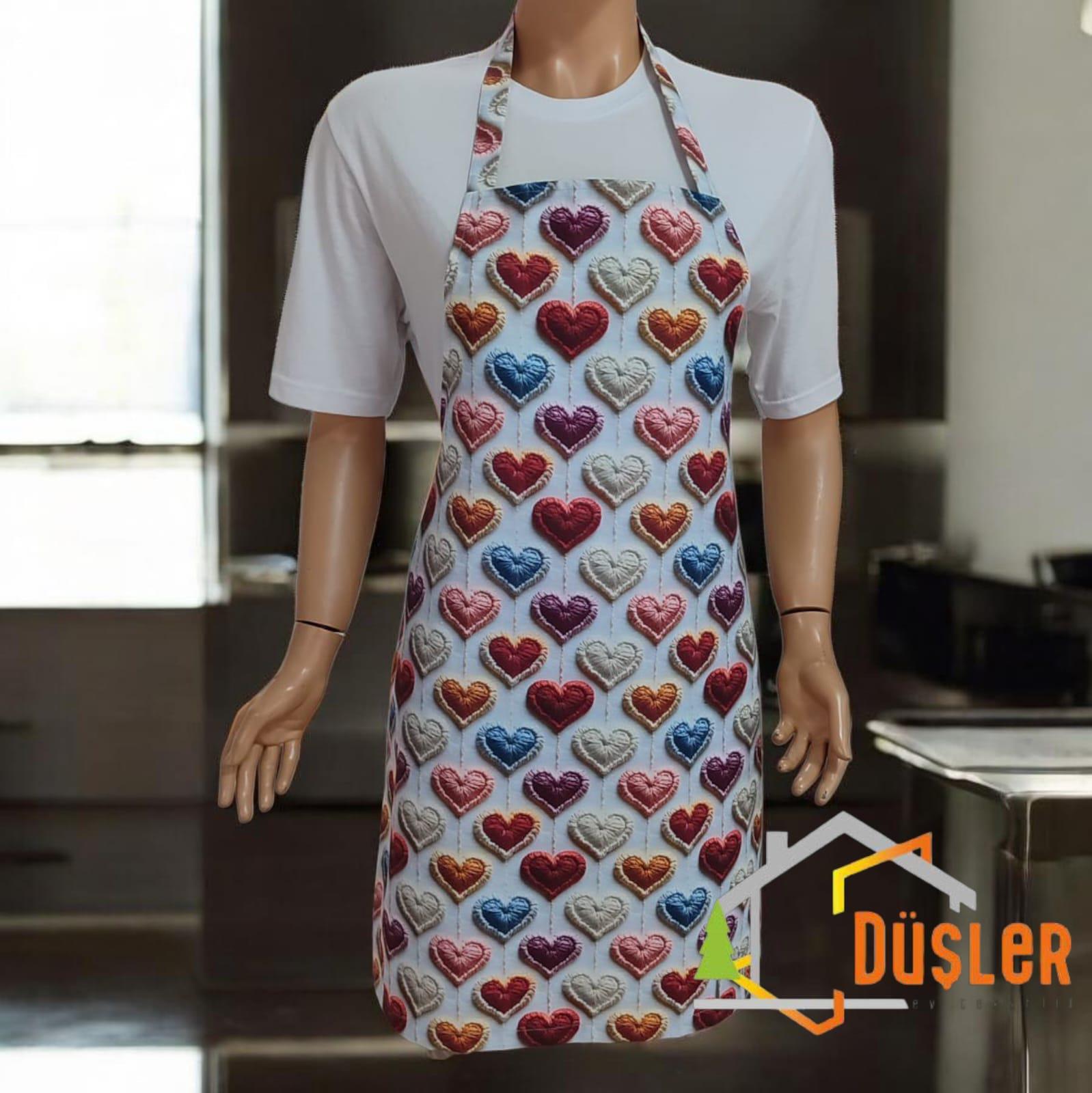 3D Boyutlu Kalp Desenli Ayarlanabilir Duck Kumaş Su ve Leke İtici Özelliği Bulunan Şef Mutfak Önlüğü