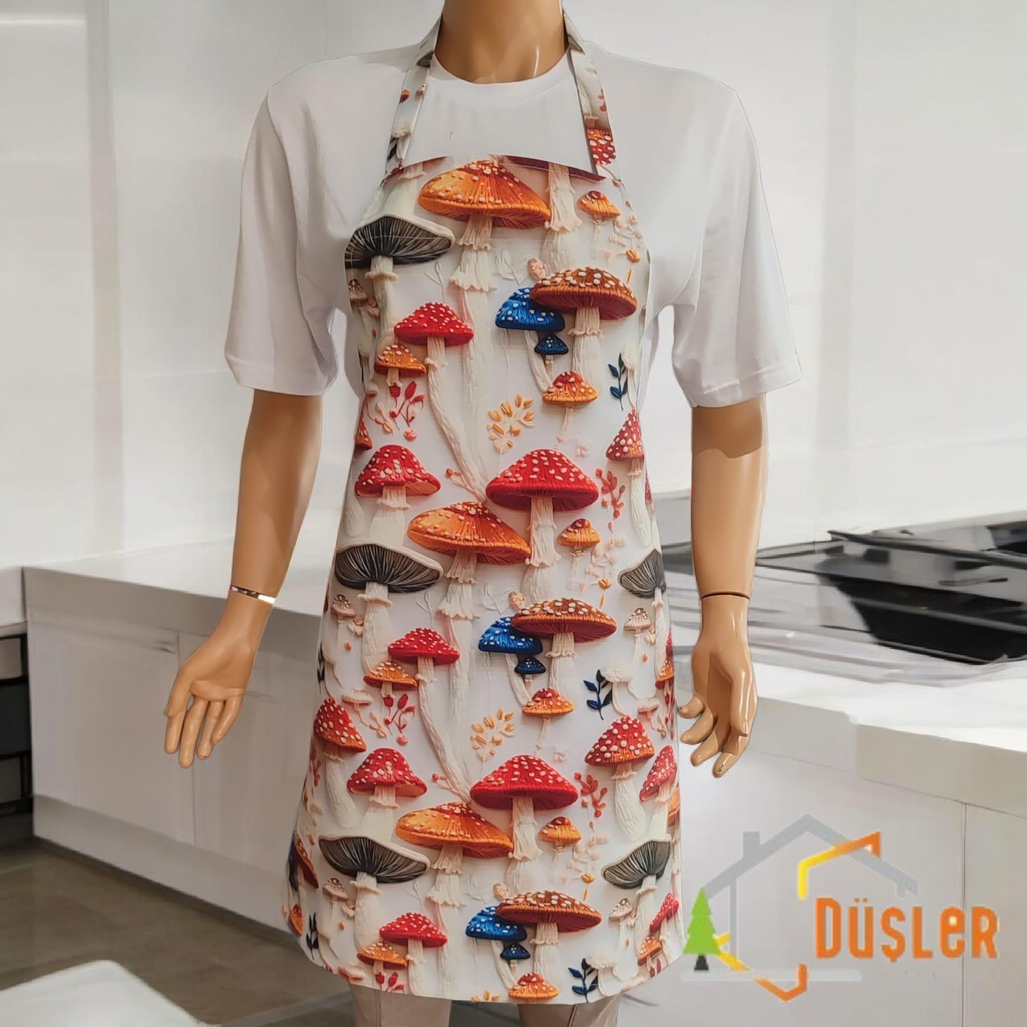 3D Boyutlu Mantar Desenli Ayarlanabilir Duck Kumaş Su ve Leke İtici Özelliği Bulunan Şef Mutfak Önlüğü