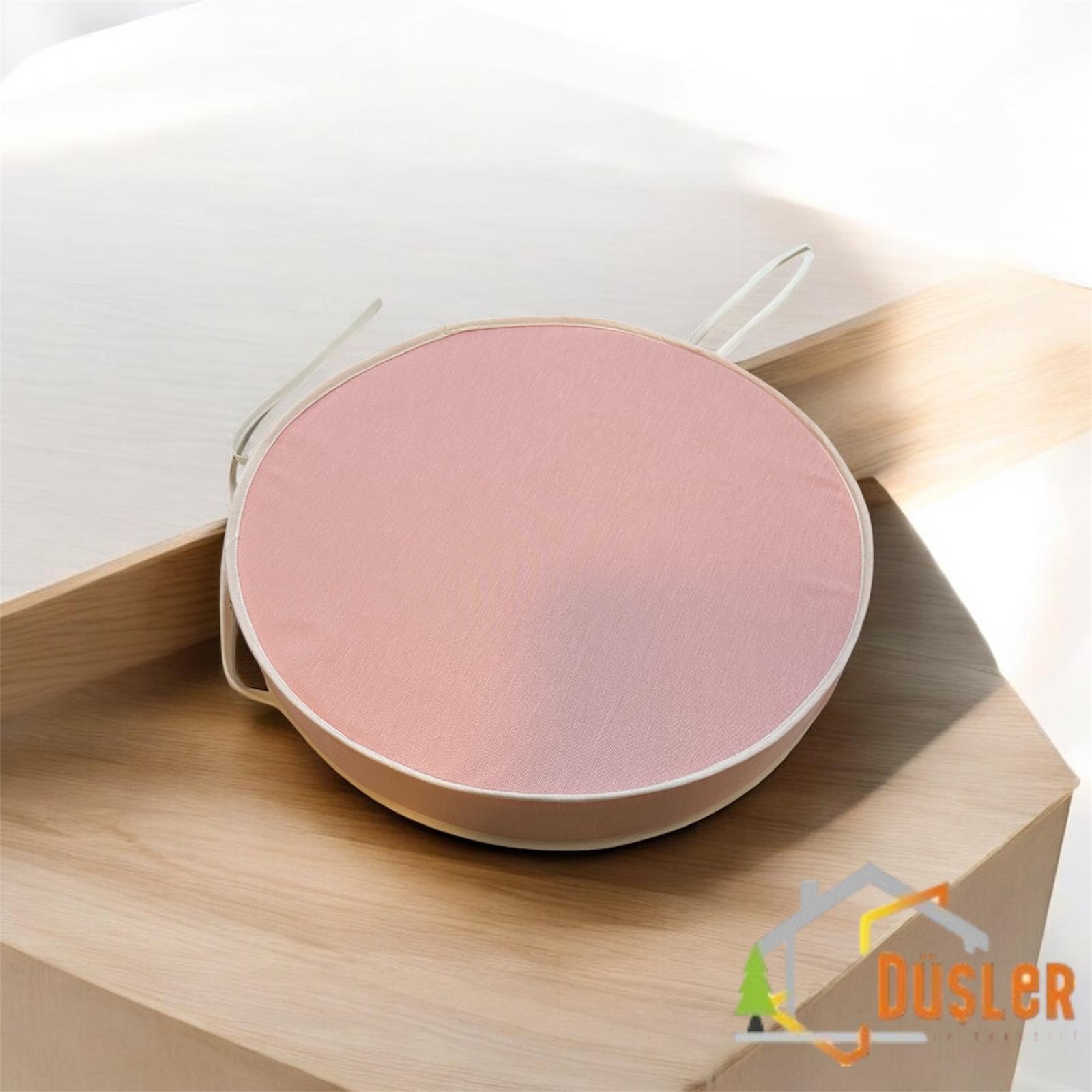 40 Çap Yuvarlak Krem Biyeli Pudra Pembe Tabure / Sandalye Minderi