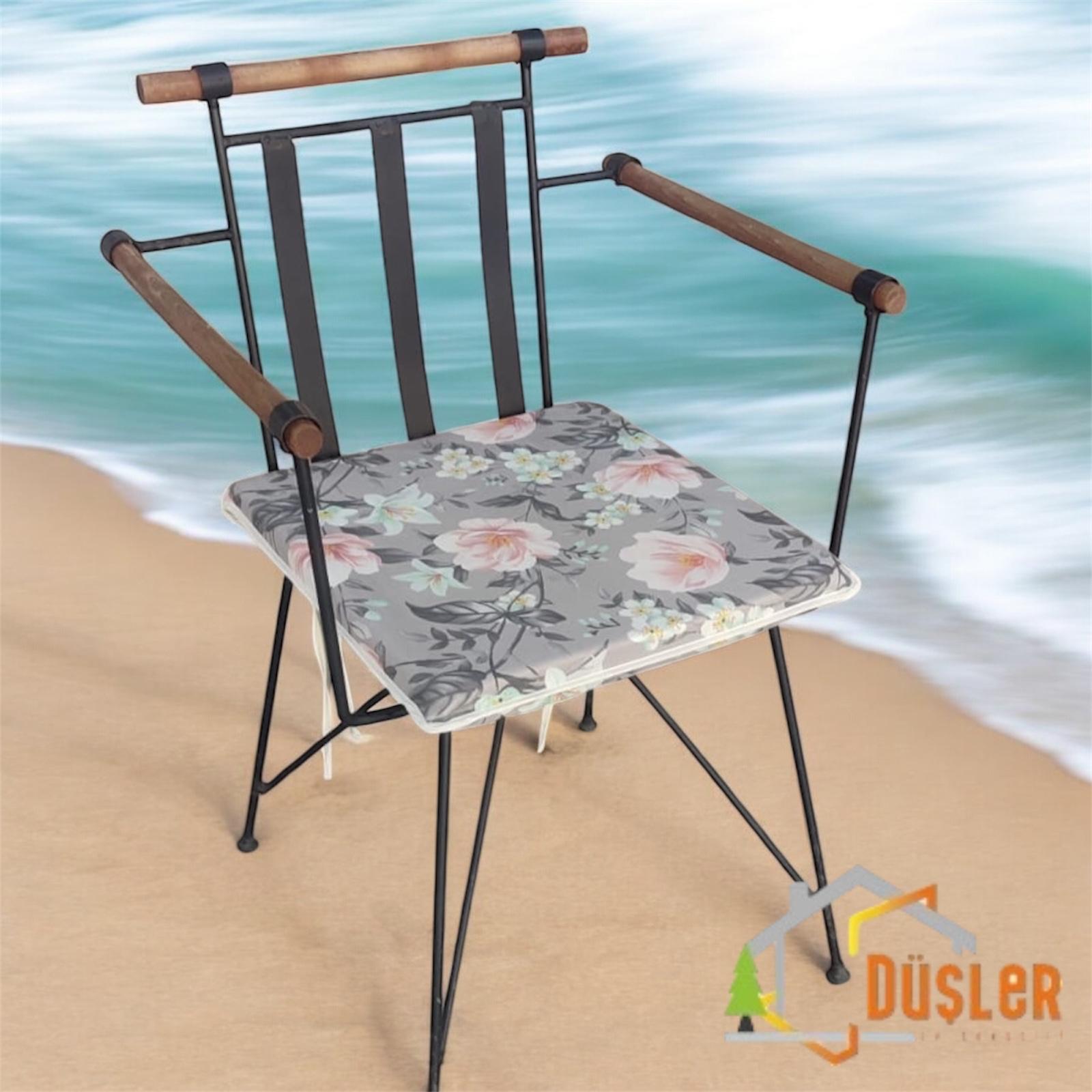 40x40 Çiçek Desenli Antrasit Gri Saten Fermuarlı Bağcıklı Krem Biyeli Sandalye Minderi 4 cm