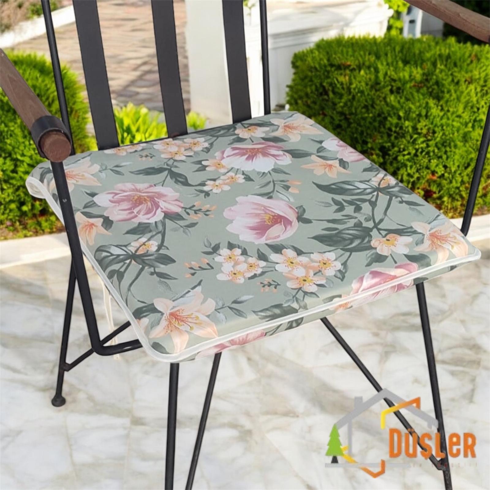 40x40 Çiçek Desenli Mint Yeşil Saten Fermuarlı Bağcıklı Krem Biyeli Sandalye Minderi 4 cm