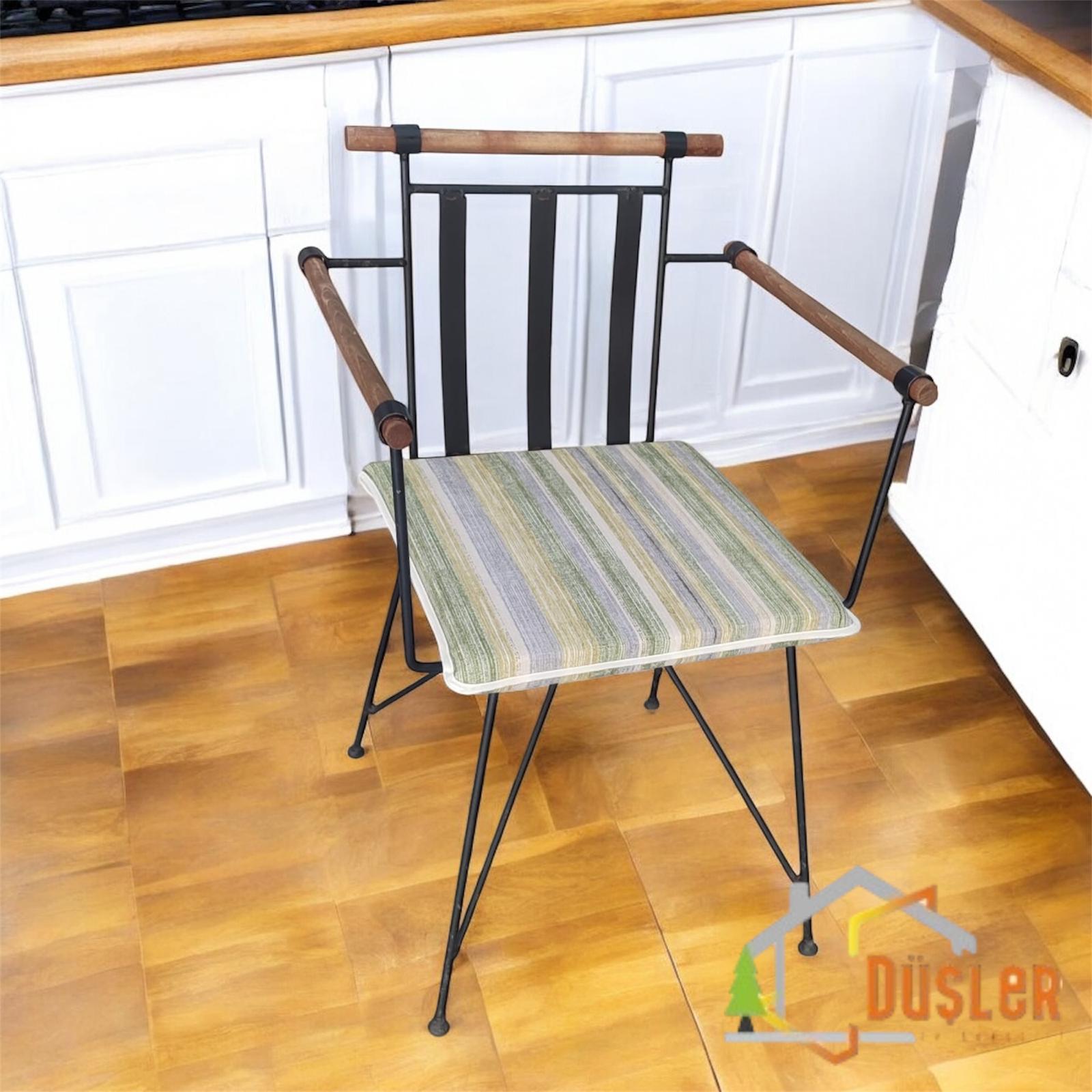 40x40 Sarı Yeşil Çizgili Su ve Leke İtici Fermuarlı Bağcıklı Krem Biyeli Sandalye Minderi 4 cm