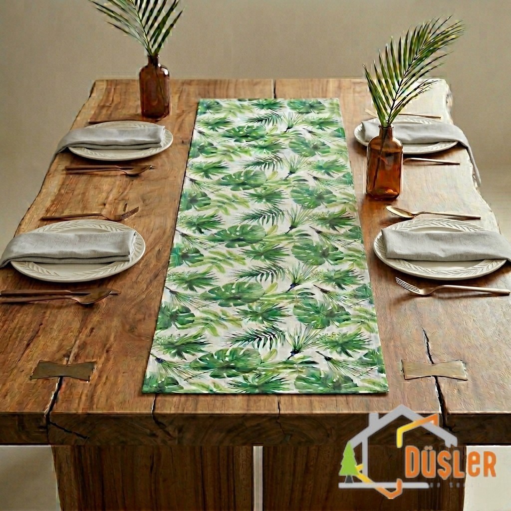 Düşler Ev Tekstili 40x120 Tropikal Palmiye Yeşil Çiçek Yaprak Monstera Desenli Su ve Leke İtici Duck Kumaş Yemek Masası Örtüsü Dikdörtgen Runner 