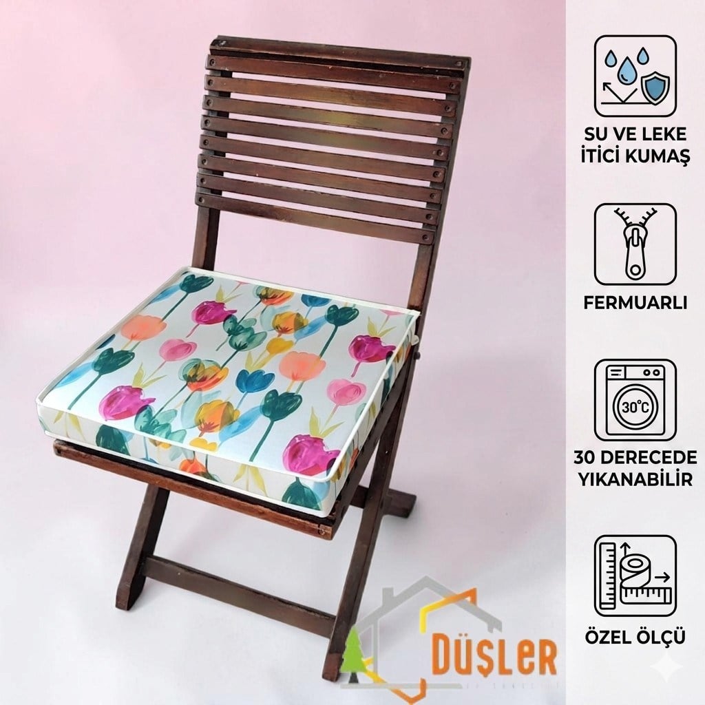 Düşler Ev Tekstili 40x40 Rengarenk Lale Desenli Su ve Leke İtici Duck Kumaş Fermuarlı Bağcıklı Biyeli Sandalye Minderi 5 cm 