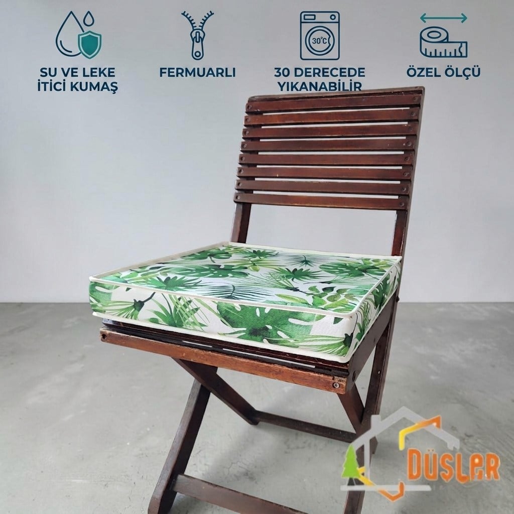 Düşler Ev Tekstili 40x40 Tropikal Palmiye Yeşil Yaprak Monstera Desenli Su ve Leke İtici Duck Kumaş Fermuarlı Bağcıklı Biyeli Sandalye Minderi 5 cm 