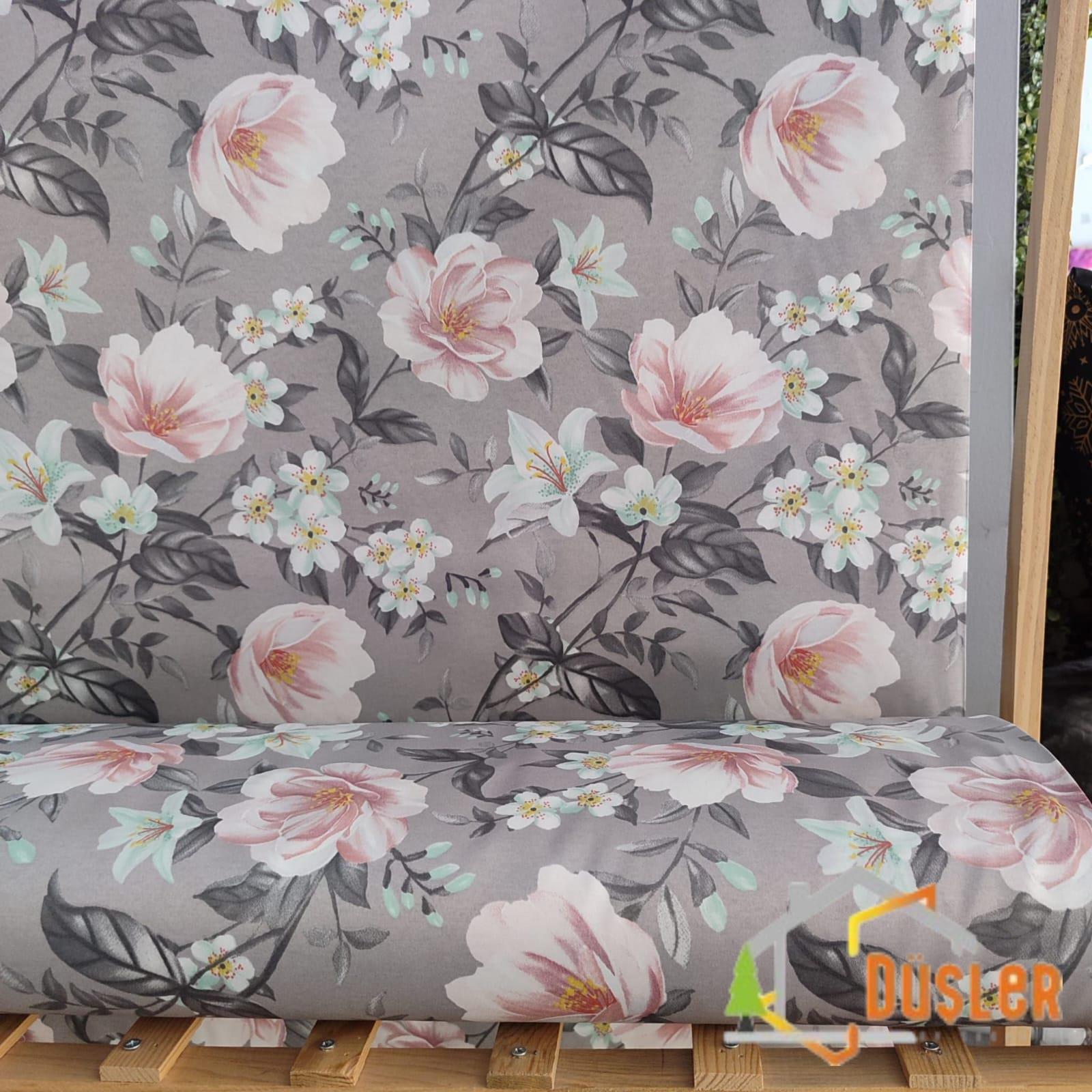 Gri Çiçek Desenli Saten Kumaş Bezi 100x180