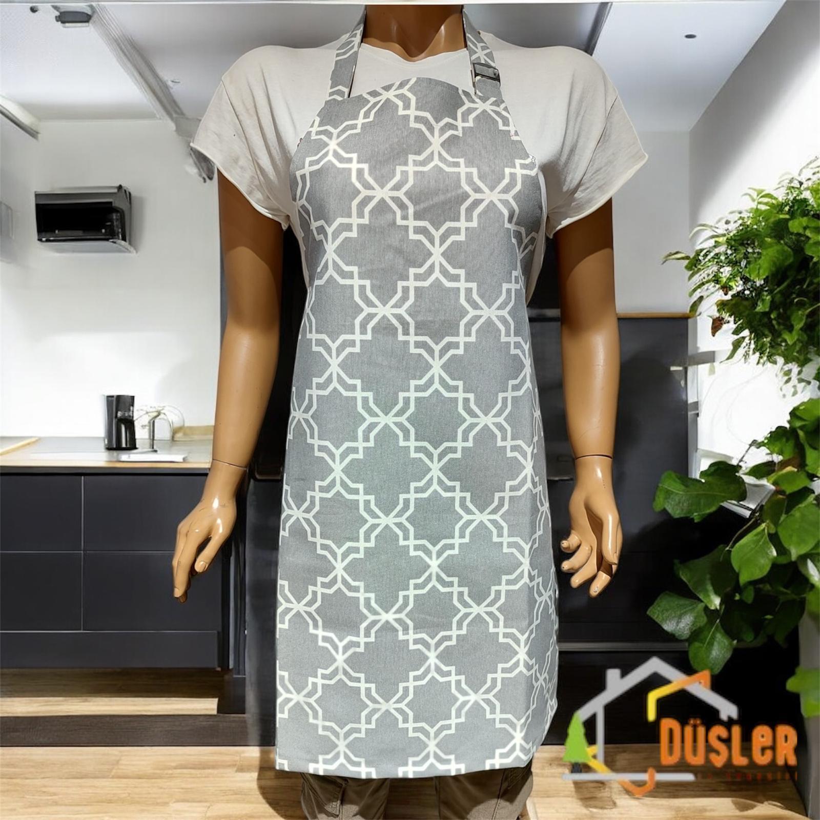 Gri Desenli Ayarlanabilir Su ve Leke İtici Özelliği Bulunan Mutfak Önlüğü