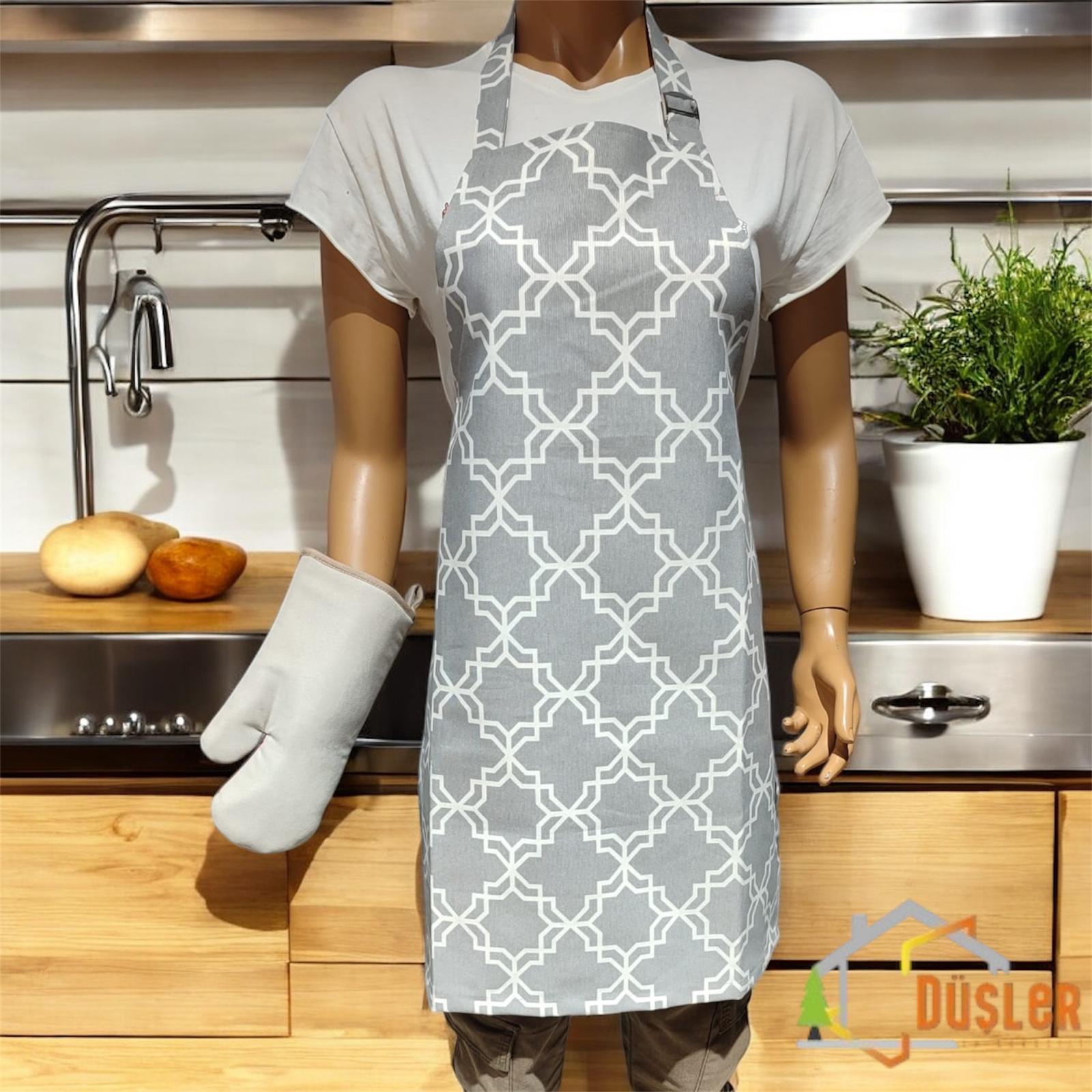 Gri Desenli Su ve Leke İtici Şef Mutfak Önlüğü ve Fırın Eldiveni Seti